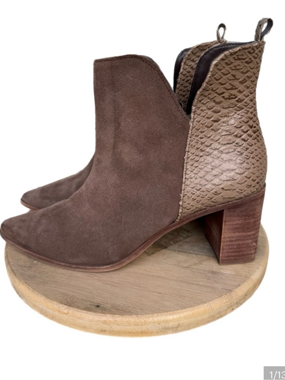 KAANAS Suede Taupe/Brown Snakeskin Combo Pointed Toe Booties Size 10